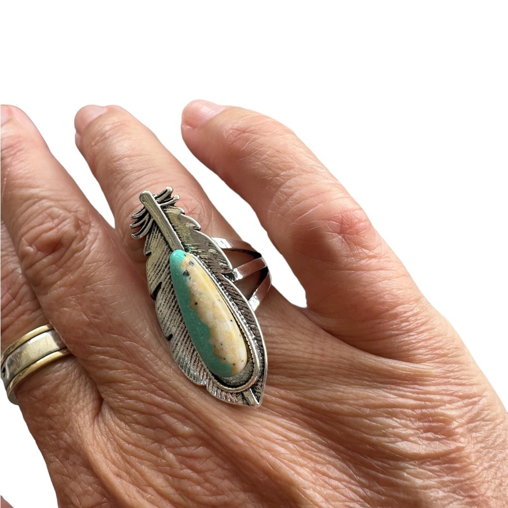 Silver and Turquoise Native American Style Feather Ring - Picture 1 of 7